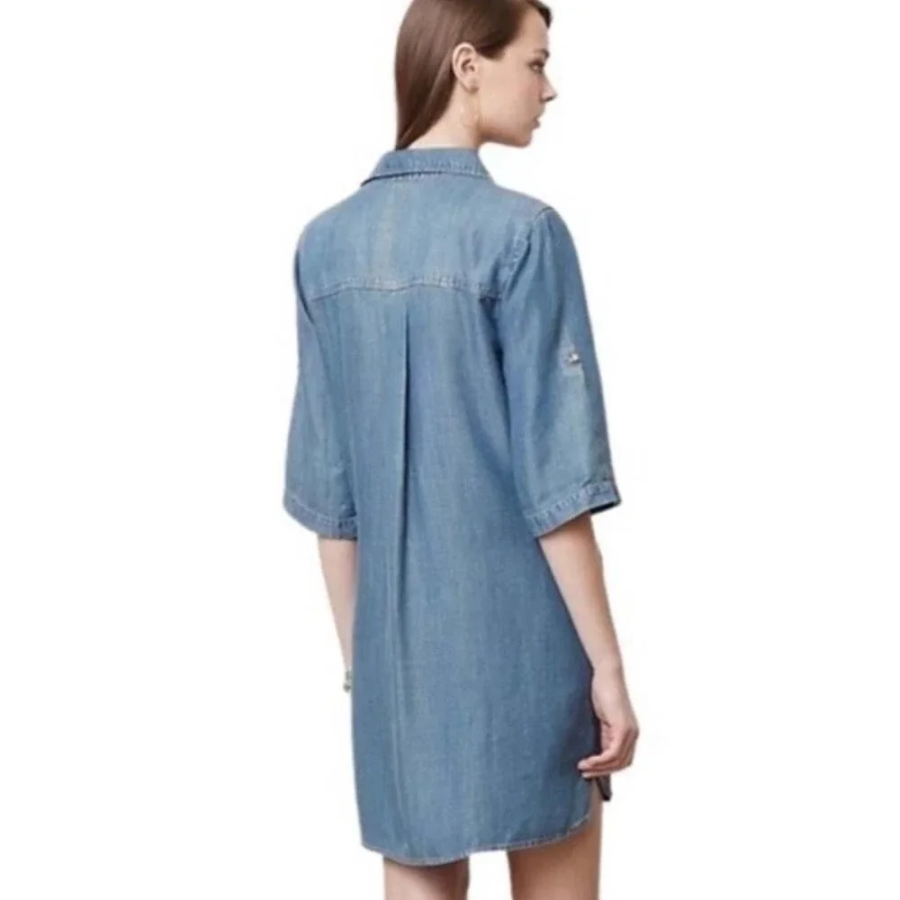 Anthropologie Cloth & Stone Chambray Denim 3/4 Sleeve Mini Shirt Dress Medium - Picture 2 of 10
